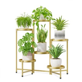 iDavosic.ly 6 Tier Large Plant Stand Indoor, 10 Inch Wide Tall Corner Metal Plant Stands Outdoor for Multiple Plants, Folding Tiered Flower Display Holder Rack Shelf, Gold