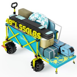 Old Bahama Bay 300lbs Extra Long 49" L Beach Wagon with Big Wheels with Brake for Sand, Collapsible Utility Beach Cart Heavy Duty Folding Wagon,Ideal for Outdoor Sand Camping Garden Pet