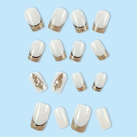 24PcsMedium Press on Nails Square Fake Nails Gold Glitter Sequins with Rhinestones Exquisite Design Glossy Full Cover French Tip False Nail Acrylic Nails Reusable Artificial Nails for Women Daily Wear