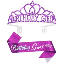 Queenship Birtthday Tiara Crown with Sash for Women, Kid Girls (Girl-Purple)