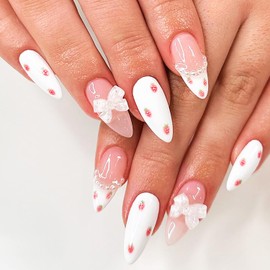 French Tip Press on Nails Almond Medium Full Cover White Fake Nails with Strawberry Designs Reusable Bow Acrylic Nails Stick on Nails Pearl Shiny False Nails for Women Girls Manicure Art 24 Pcs