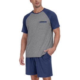 PrinStory Men's Pajama Set Sleepwear Pjs Lightweight Short Sleeve Crewneck Shirts and Shorts Soft Comfy Sleep Sets Navy Blue US L