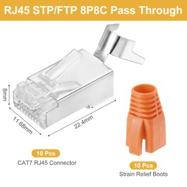 sourcing map 10pcs CAT7 RJ45 Pass Through Connectors, RJ45 STP/FTP 8P8C Gold Plated Plugs with 10pcs Orange Strain Relief Boots and Cable Traverse for 23AWG Ethernet Cable