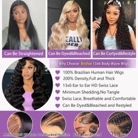 Brofoe 13x6 Lace Front Wigs Human Hair 200 Density Body Wave HD Lace Front Wigs Human Hair Pre Plucked Natural Color Glueless Wigs for Women 34 Inch