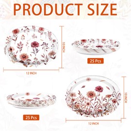 50Pcs Fall Wildflower Oval Paper Plates 10" x 12" Large Disposable Heavy Duty Watercolor Autumn Vintage Wild Floral Dessert Platter for Thanksgiving Wedding Dinner Birthday Party Supplies Decorations