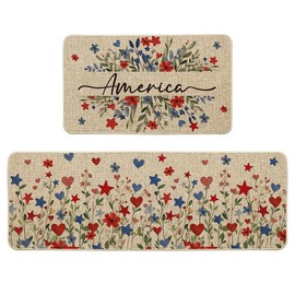Artoid Mode Multicolor Floral Stars America 4TH of July Kitchen Mats Set of 2, Memorial Day Home Decor Kitchen Rugs for Floor - 17x29 and 17x47 Inch