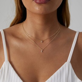 Tasiso Diamond Solitaire Pendant Necklace for Women Dainty 14K Gold Plated Tiny Moon Diamond Choker Necklace Layered Cubic Zirconia Moon Dangle Drop Necklaces Wedding Bridesmaid Jewelry Gifts