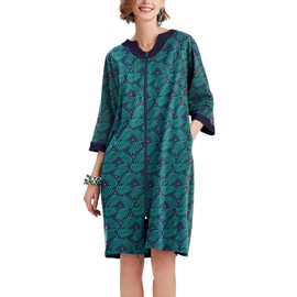 Ekouaer Women Zipper Robe 3/4 Sleeve Nightgowns Lightweight Short Bathrobe with Pockets Leaf Print,L