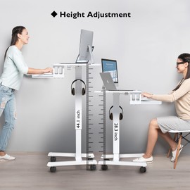 BONTEC Mobile Standing Desk with Keyboard Tray, Mobile Podium, Rolling Laptop Sit Stand Desk on Wheels, Adjustable Height Up to 33lbs, Portable Computer Workstation Cart for Living Room, Office, White