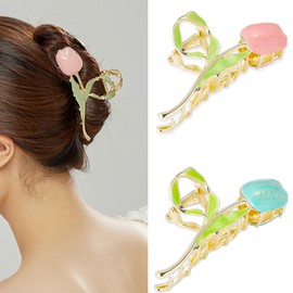 Pack of 2 Large Metal Flower Hair Clips, Flower Hair Clip, Tulip Large Hair Clip, Non-Slip Hair Clips, Women's Hair Claw Clip for Girls, Women, Thin Thick Curly Hair