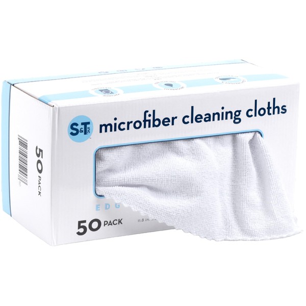 S&T INC. Microfiber Cleaning Cloth, Bulk Microfiber Towel for Home in a Box, Reusable and Lint Free Cloth Towels for Car, White, 11.8 Inch x 11.8 Inch, 50 Pack with Box