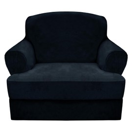 CUCRAF T Cushion Sofa Cover 2 Piece Armchair Slipcovers, Soft Thick Velvet Couch Cover for Living Room, Washable High Stretch Furniture Protector with 1 Cushion Chair Slipcover (Chair, Navy Blue)