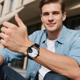 JewelryWe Leather Watch for Men: Quartz Triple Movement Sports Multi Time Zone Large Dial Easy Read PU Strap Compass Decoration Analog Outdoor Wristwatch