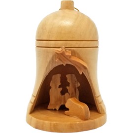 Logos Trading Post Holy Land Olive Wood Christmas Bell Nativity from Israel, Jesus Mary and Joseph in The Manger with Shooting Star, Wooden Ornament from Bethlehem - Medium
