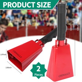 Chinally 2 Pack 9 inch Cowbell Noise Maker - Mini Metal Percussion Handle Bell for Sporting Events, Graduation, and Outdoor Games - Loud Cheering Instrument for Kids and Adults (Red)