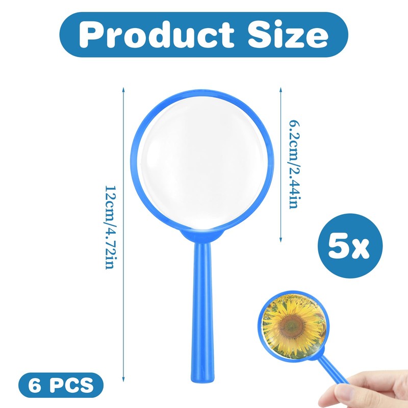 FNANJWQ 6 Pcs Kids Magnifying Glasses, 5X Colorful Portable Handheld