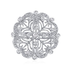 Vintage Antique Style Floral Heart Filigree CZ Brooch Pin for Women Silver Plated Brass