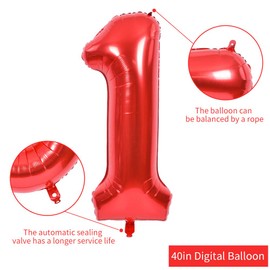 40 Inch Red Large Numbers Balloons 0-9, Number 1 Digit 1 Helium Balloons, Foil Mylar Big Number Balloons for Birthday Party Anniversary Supplies Decorations