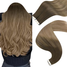 Easyouth Balayage Tape in Hair Extensions Human Hair Long Tape ins Extensions Real Hair Dark Brown Ombre Medium Brown and Golden Blonde Human Hair Extensions Tape in Soft Touch 24Inch 50g 20Pcs