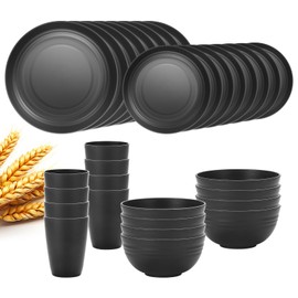 Lazycorner 32Pcs Kitchen Wheat Straw Dinnerware Set, Service for 8, Plastic Reuasble Dinner Dishes Serving Plate Set for Kitchen, Including Dinner Plate, Dessert Plate, Bowl, Cup(Black)