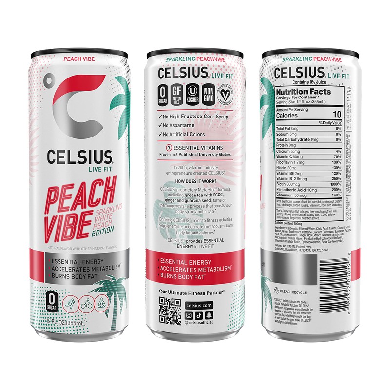 CELSIUS Sparkling Peach Vibe, Functional Essential Energy Drink, 12 Fl
