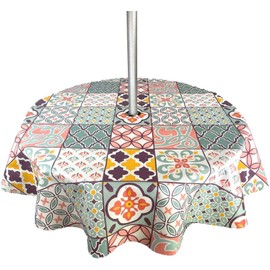 Karina Home Round Outdoor Garden Tablecloth with Parasol Umbrella Hole Porto Tiles Multi Wipe Clean Round 138cm