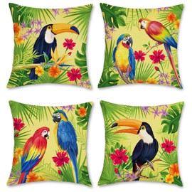 Bonhause Tropical Birds Cushion Covers 45 x 45 cm Toucan Parrot Decorative Throw Pillow Covers Polyester Linen Pillowcases for Sofa Bed Home Patio Outdoor Decor Set of 4
