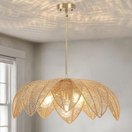 ZORYATA 25” Large Rattan Boho Chandelier, 4-Light Hand-Woven Wicker Pendant Light, Farmhouse Coastal Hanging Lighting Fixture for Dining Room, Kitchen Island, Living Room, Bedroom & Foyer