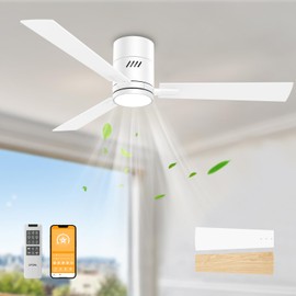 OPONL White 52 inch Ceiling Fan with Light, Remote Control, Flush Mount, Noiseless, Reversible, 6CCT, Dimmable, 6 Speeds, Timeable, Low Profile Ceiling Fan with Light for Bedroom, indoor/outdoor