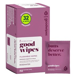 Goodwipes Flushable Wipes – Made with Vitamin E & Aloe – Soft, Individually Wrapped Butt & Feminine Cloths for On-the-Go & Travel Use – Largest Adult Toilet Towelettes – Rosewater, 1 pack, 32 count - Scent: Rose, Size: 32 Count (Pack of 1)