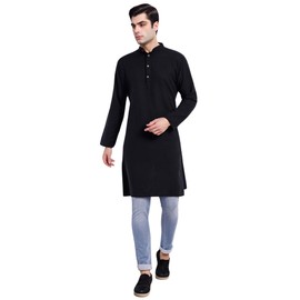 SKAVIJ Men's Handloom Cotton Kurta – Indian Ethnic Wear Yoga Top, Traditional Casual Shirt, Lightweight & Comfortable (Small, Black)