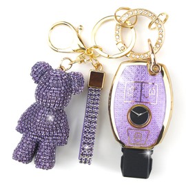 Rayslesan Cute Key Fob Cover with Rhinestone Bear Charm, Bling TPU Smart Key Case for Women, Compatible with Mercedes C/C AMG, E/E AMG, R S G CL GLK ML Series (3-Button, Gold Purple)