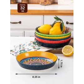 HENXFEN LEAD Pasta Salad Bowls Set of 6, Wide and Shallow Serving Bowls for Kitchen 32 Oz - 8 Inch Porcelain Soup Bowl, Pasta Plates Dishwasher & Microwave Safe - Bohemian style