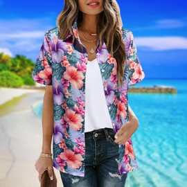 Hawaiian Button Up Shirts Women Floral Palm Trees Graphic Tees Hawaii Vacation Beach Short Sleeve Blouse Tops Pink M