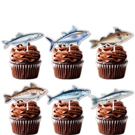 18pcs Glitter Fish Dessert Cupcake Topper Let’s Go Fishing Retirement Theme Decorations Men Women Happy Birthday Party Decor Supplies