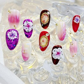 Press on Nails Handmade Petite Almond Medium 3D Flower Design Reusable Fake Nail for Women and Girls 10pcs (Dream orchid, M)