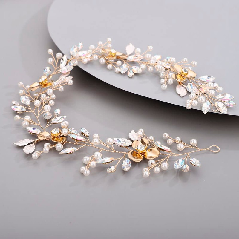 Chargances Bride Crystal Flower Long Headband Wedding Pearl Leaf Hair