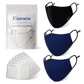Euroca - Cloth Face Mask, Soft Cotton Face Masks, Washable & Reusable Face Masks, Face Mask Set, Adjustable Face Mask With Filter Sheets (PM2.5), Black, Navy & Navy, Set of 3, Men