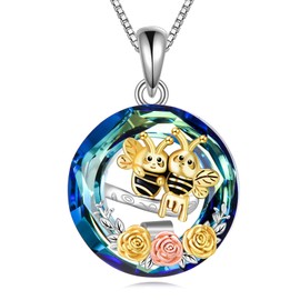 VONALA Bee / Cat Necklace 925 Sterling Silver Crystal Pendant Necklace Rose Flower Moon and Star Jewellery Gifts for Ladies Women, Sterling Silver