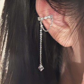 Allereya Boho CZ Ear Cuff Earrings CZ Cartilage Cuff Earrings Silver Crystal Cuff Wrap Earrings Rhinestone Crawler Cuff Earrings Long Crystal Chain Earrings No Piercing Earrings, Zinc, No Gemstone
