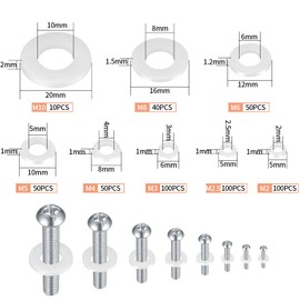 500 Pcs Nylon Washers, Flat Round Plastic Spacers Washers, Assorted Washer Gaskets Seals for Screws Bolts - White, 5-20mm, M2/M2.5/M3/M4/M5/M6/M8/M10