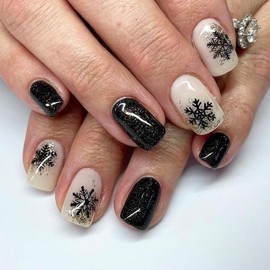 24Pcs Christmas Press on Nails Short Square Fake Nails with Black Snowflakes Bling Gold Glitter Design Winter Xmas Acrylic Nails Full Cover False Nails Artificial Nails Stick on Nails for Women Girls