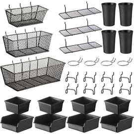 Sieral 30 Pcs Pegboard Organizer Accessories Kit Includes Peg Board Shelving Storage Basket Organizer Bins Hooks Loops Cup with Cup Holder for Garage Room Wall Attachments Tools(Black)
