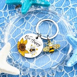 Bee Keychain Bee Gifts for Women Men Bees Themed Gifts for Friends Teens Inspirational Gift for Girls Sunflower Gift for Boys Birthday Thanksgiving Christmas Presents for Adults Bees Happy Key Ring