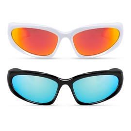 Y2k - Gafas de sol deportivas envolventes para mujeres y hombres, modernas, ovaladas, futuristas, para exteriores, gafas UV400, B2 Blanco/Rojo Espejo + Negro/Azul Espejo, M