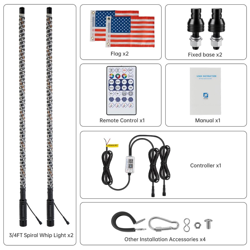 2pcs 4FT UTV Whip Lights for Side by Side, Spiral
