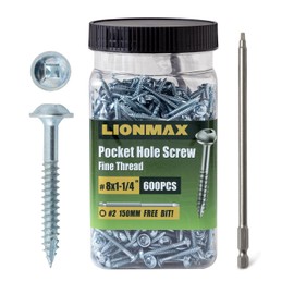 LIONMAX Pocket Hole Screws Fine Thread #8 x 1-1/4 Inch, 600PCS Pocket Wood Screws Washer Head, Square Drive, for Hardwood Pocket Hole, Zinc Plated, 150MM Drive Bit Included