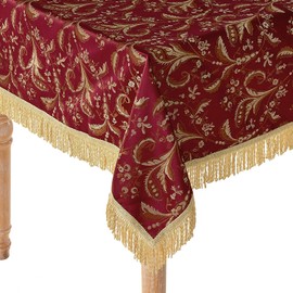 Violet Linen Luxury Damask Floral Design, Polyester Jacquard, with Fringes, Burgundy, 60 Inch by 120 Inch, Seats 10 to 12 Pepole, Rectangle Tablecloths
