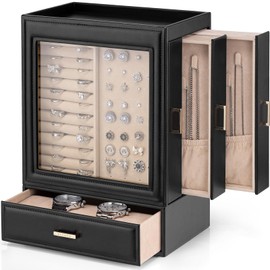 Vlando Large Jewelry Organizer with Glass Window Jewelry Box for Necklaces Earrings Rings Bracelets Watches Jewelry Storage Case Mothers Day Gift for Mom Women Girls (White