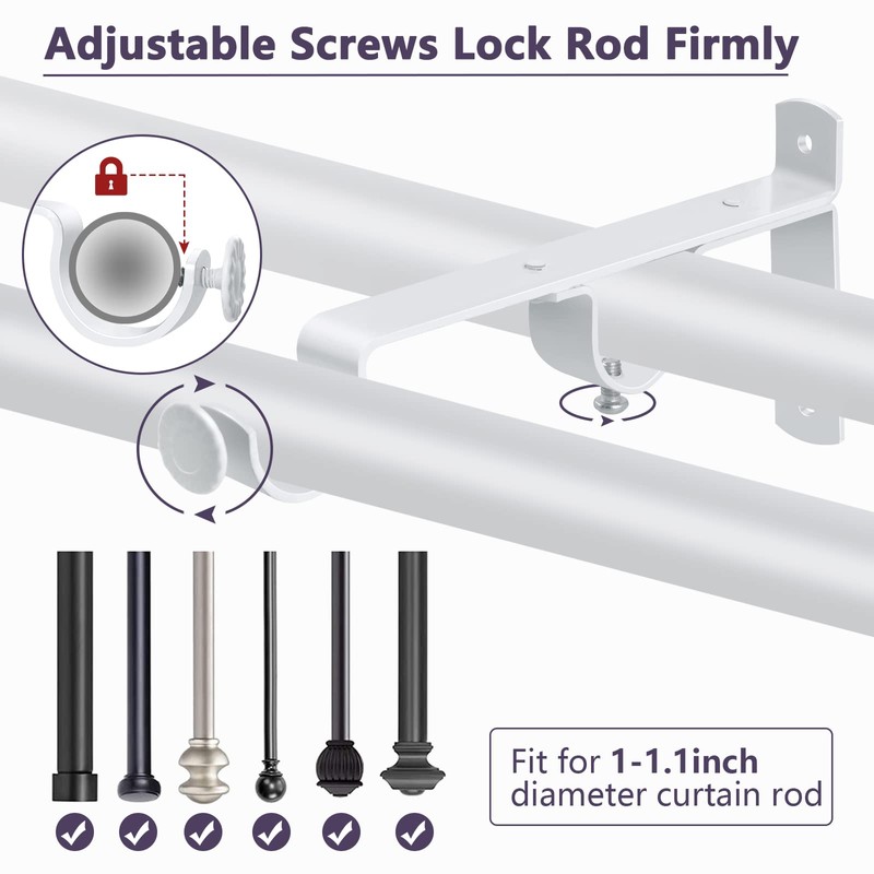 Double Curtain Rod Bracket, Heavy Duty Curtain Rod Holders, White